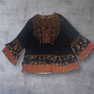 John Mark Embroidered Tunic  Blouse Womens 1X Bell Sleeve Boho Cottagecore Artsy